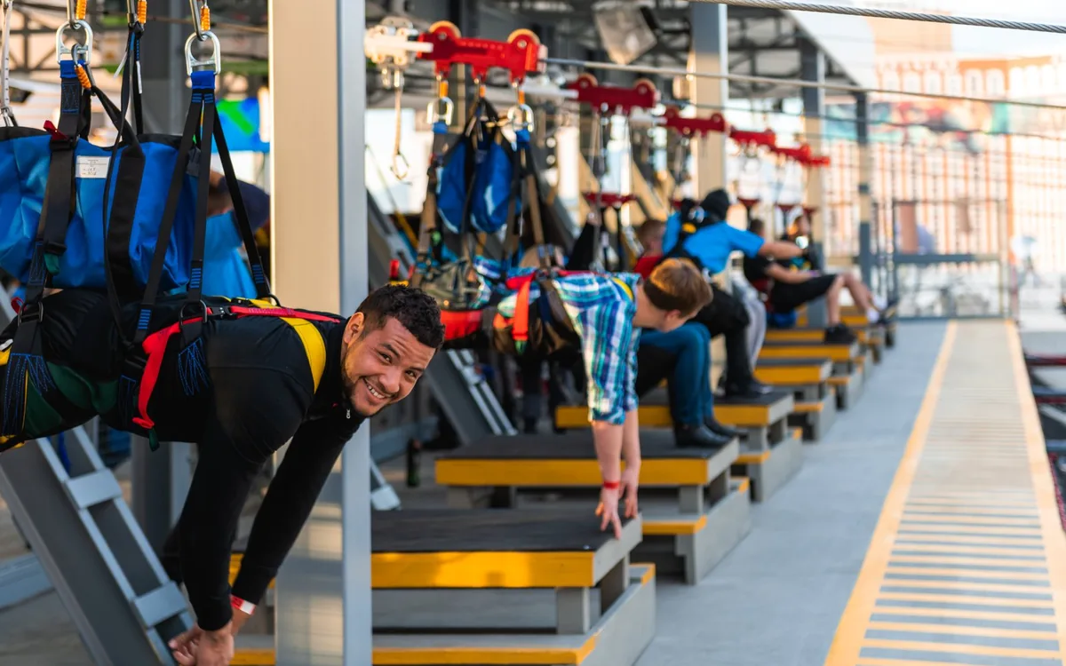 Riders clipped in on the launch deck waiting to go