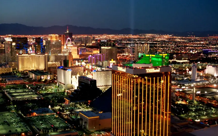 The Las Vegas Strip lit up at night seen from a helicopter