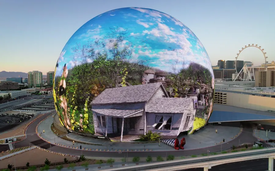 The Sphere seen from outside with the High Roller behind it